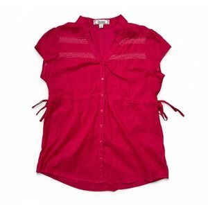 Decree Red Pink Striped Short Cap Sleeve‎ Top Lace Bow Ties Button Up Cotton M-L